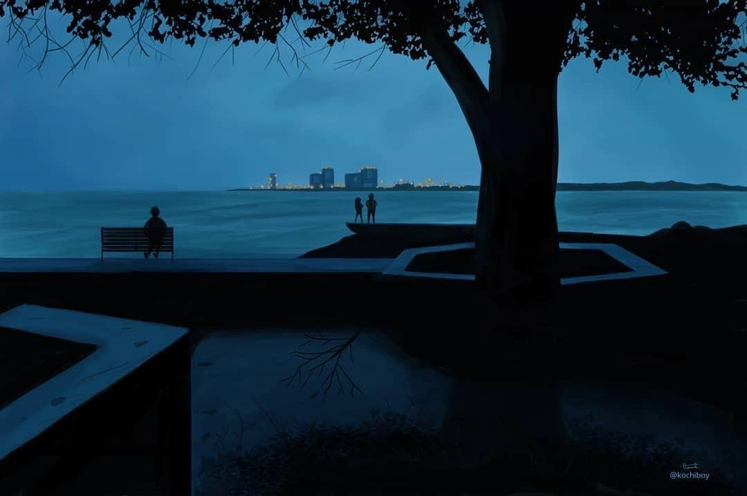 Illustration: a figure under a tree by the backwaters at night
