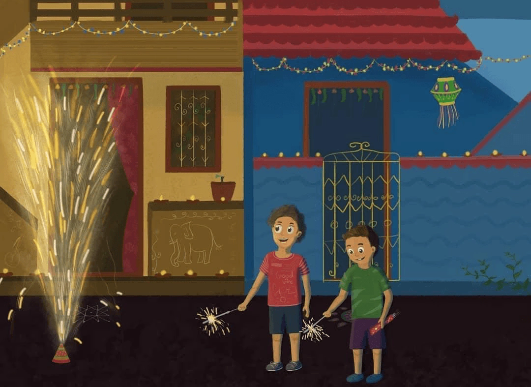 Illustration: two kids with sparklers outside a festive house