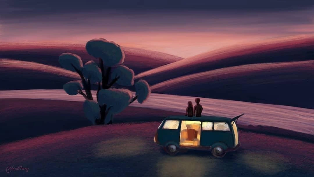 Illustration: a van under a pink tree at dusk