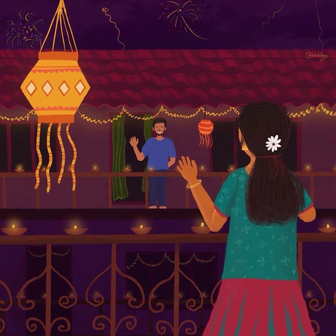 Illustration: a girl hanging a star lantern