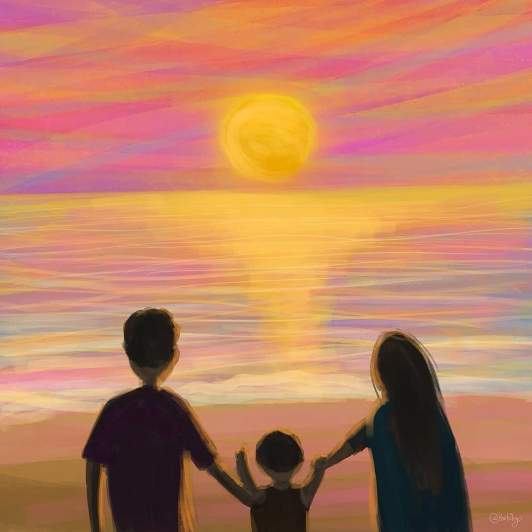 Illustration: a family silhouetted against a pink sunset