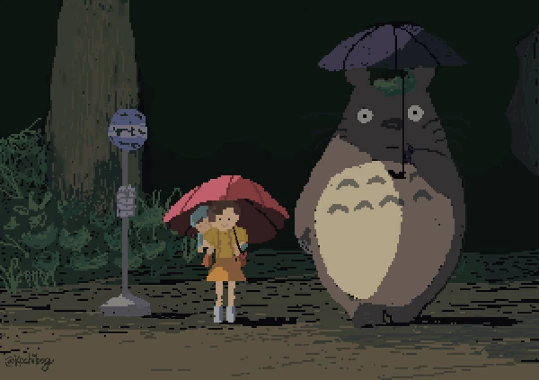 Illustration: waiting for the bus with Totoro in the rain