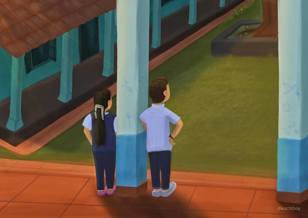 Illustration: two friends on a Kerala verandah