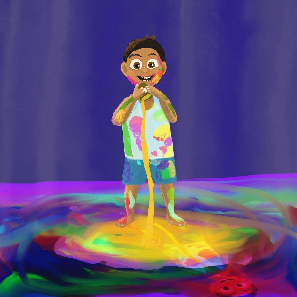 3D character illustration on a rainbow puddle