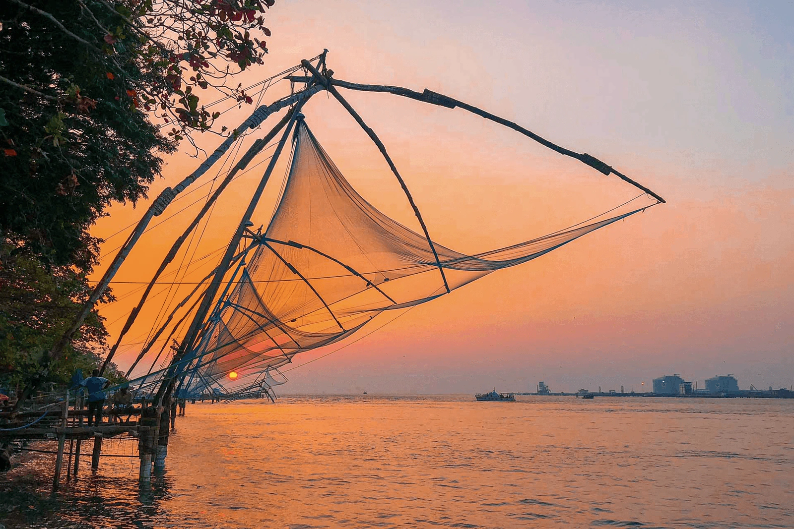 Chinese fishing nets at sunset, Fort Kochi