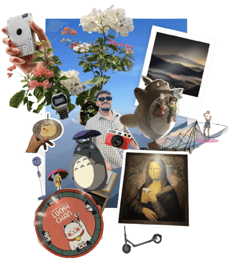 Sticker collage: camera, Totoro, Mona Lisa, flowers and friends
