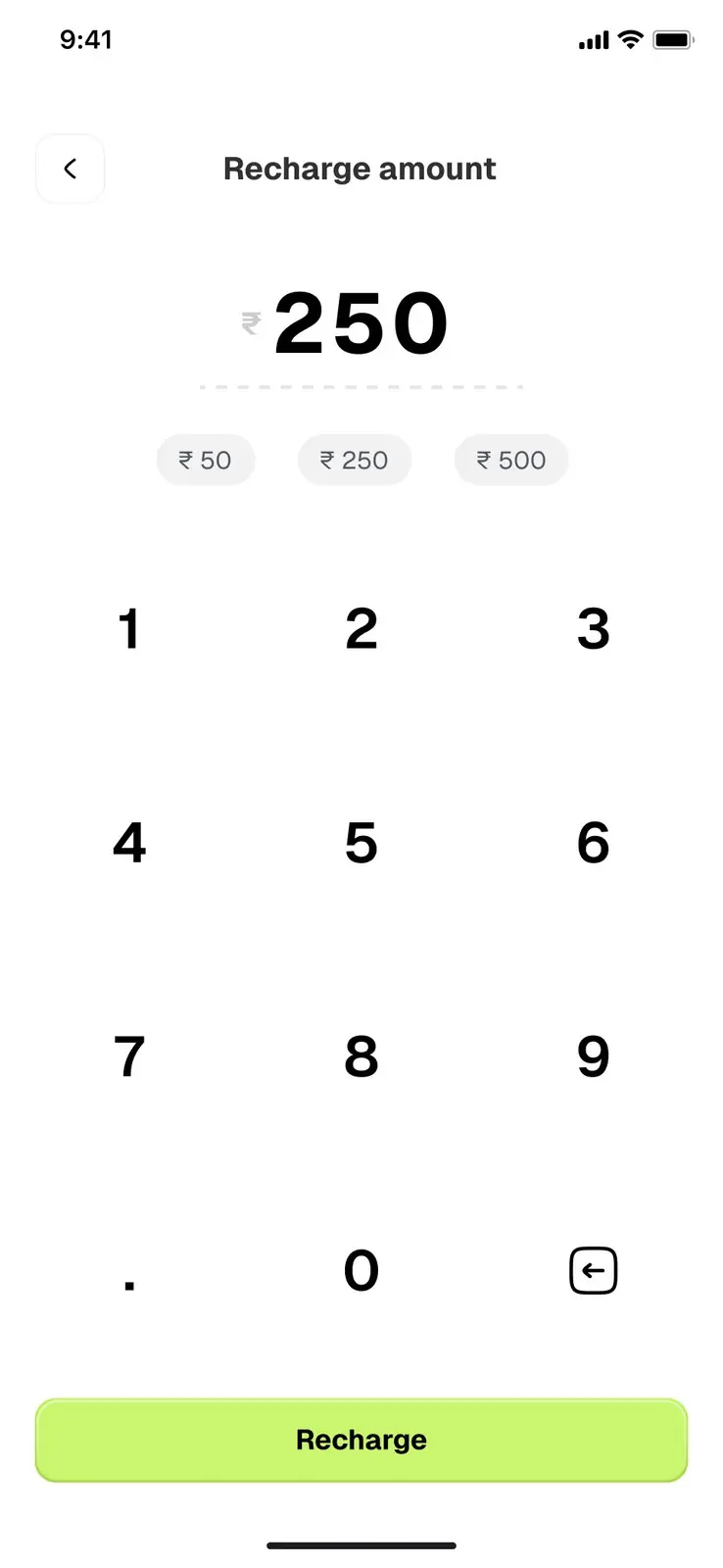 Recharge amount keypad