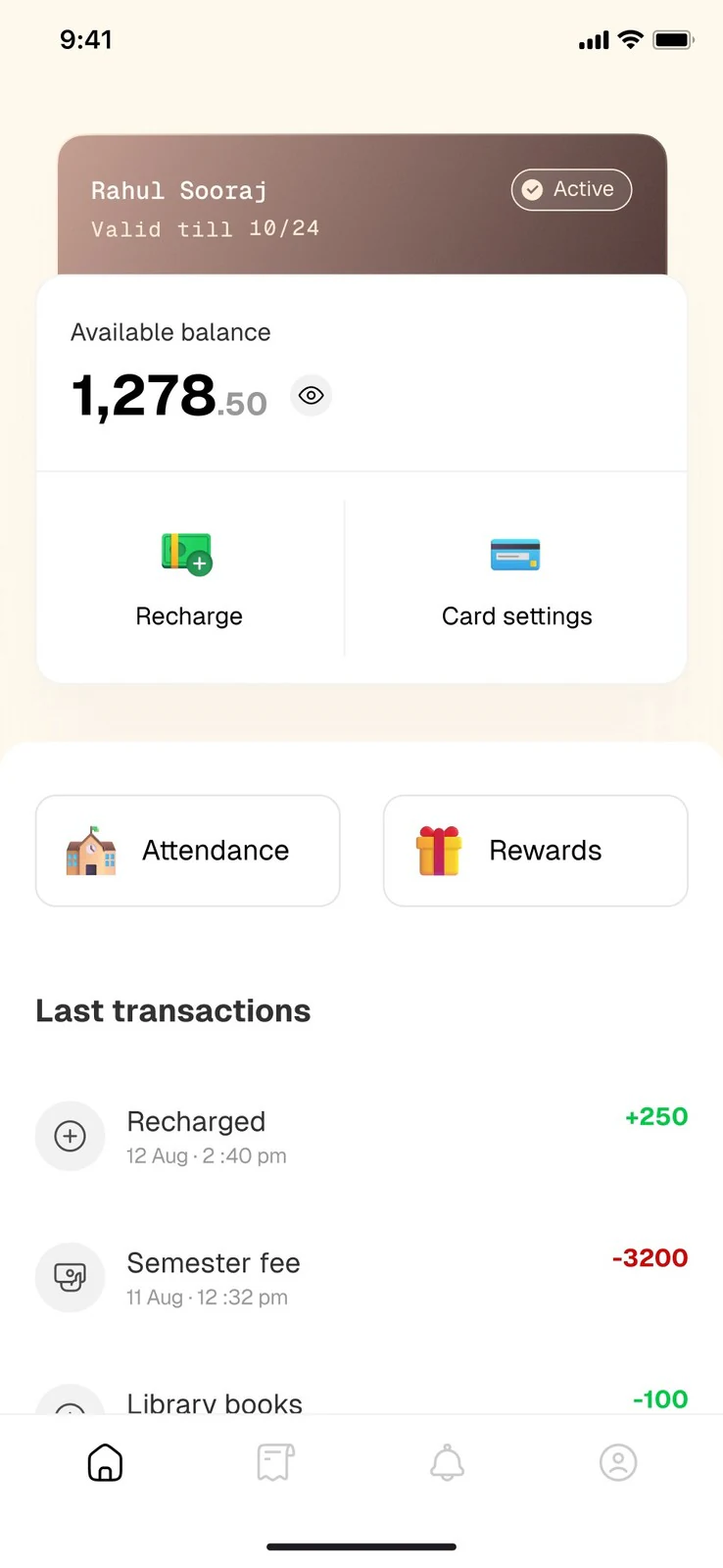 Student wallet screen