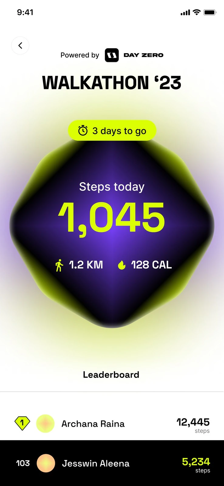 Walkathon leaderboard screen